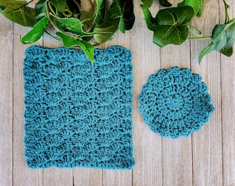 Teal Dishcloth and Coaster Set - Crocheted Cotton Kitchen Set - Turquoise Washcloth - Beachy Washcloth - Housewarming Gift - Cleaning Cloth