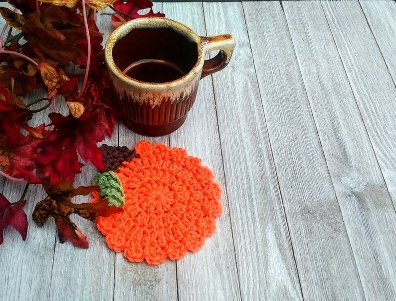 Crocheted Pumpkin Coasters, Orange Pumpkins, Reusable Cup Drink Coasters, Set of 4, Halloween Thanksgiving Coasters, Fall Autumn Home Decor image 3