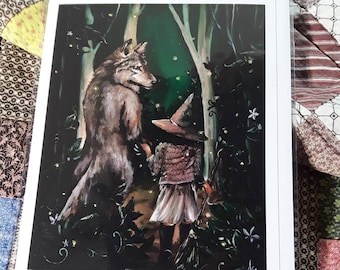 Wolf and Little Witch Blank Greeting Card Note Card 5 × 7 with envelope