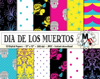 Day of the Dead Digital Paper Pack for Instant Download as Scrapbook Paper, Background, Printable Paper for Cards - Dia de los Muertos Paper