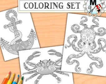 Conjunto de páginas para colorir náuticas: âncora, caranguejo, polvo (download digital, oceano para impressão)
