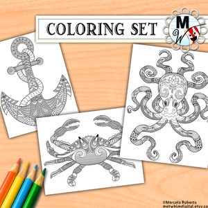 Puede incluir: Un conjunto de colorear que presenta tres dise&ntilde;os intrincados: un ancla, un pulpo y un cangrejo. Cada dise&ntilde;o est&aacute; detallado con patrones y remolinos, perfecto para adultos o ni&ntilde;os que disfrutan coloreando.