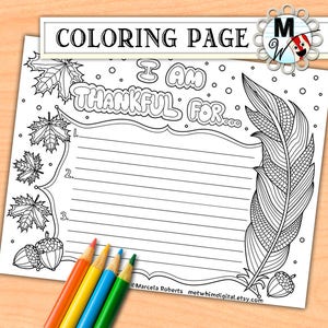 Puede incluir: Página para colorear en blanco y negro con el texto "Estoy agradecido por..." y espacio para escribir. La página presenta una pluma, bellotas y hojas de otoño.