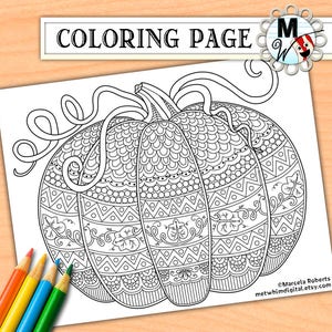 Pumpkin Coloring Page for Adults - Fall Adult Coloring Page - Halloween Instant Digital Download of Autumn Printable Coloring Page
