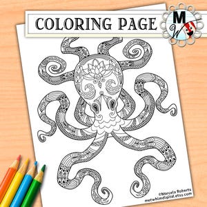 Puede incluir: Una página para colorear en blanco y negro con un diseño intrincado de un pulpo con ocho tentáculos. El pulpo tiene un patrón detallado en su cabeza y cuerpo, y cada tentáculo está adornado con un diseño único.