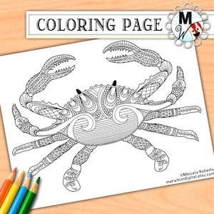 Página para colorear de cangrejo - Página para colorear de vida marina náutica - Descarga digital instantánea de una página para colorear imprimible para niños y adultos