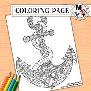 Puede incluir: Una página para colorear en blanco y negro que presenta un ancla detallada con intrincados patrones. El ancla está rodeada por un diseño similar a una cuerda y tiene una parte superior decorativa.