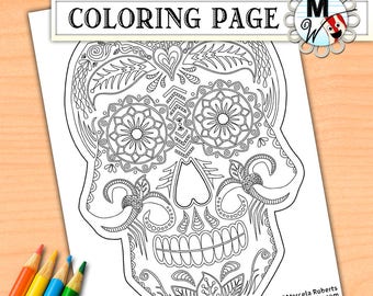 Day of the Dead Coloring Page - Sugar Skull Coloring Page - Halloween Printable Coloring Page for Instant Download for Kids and Adults