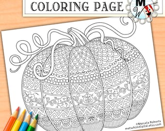 Pumpkin Coloring Page for Adults - Fall Adult Coloring Page - Halloween Instant Digital Download of Autumn Printable Coloring Page