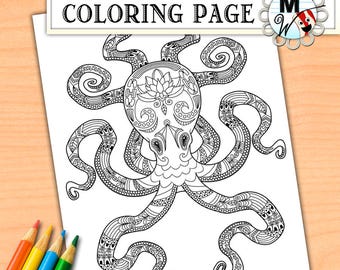 Octopus Coloring Page - Nautical Lotus Flower Sea Life Coloring Page - Instant Digital Download of Printable Coloring Page for Kids & Adults