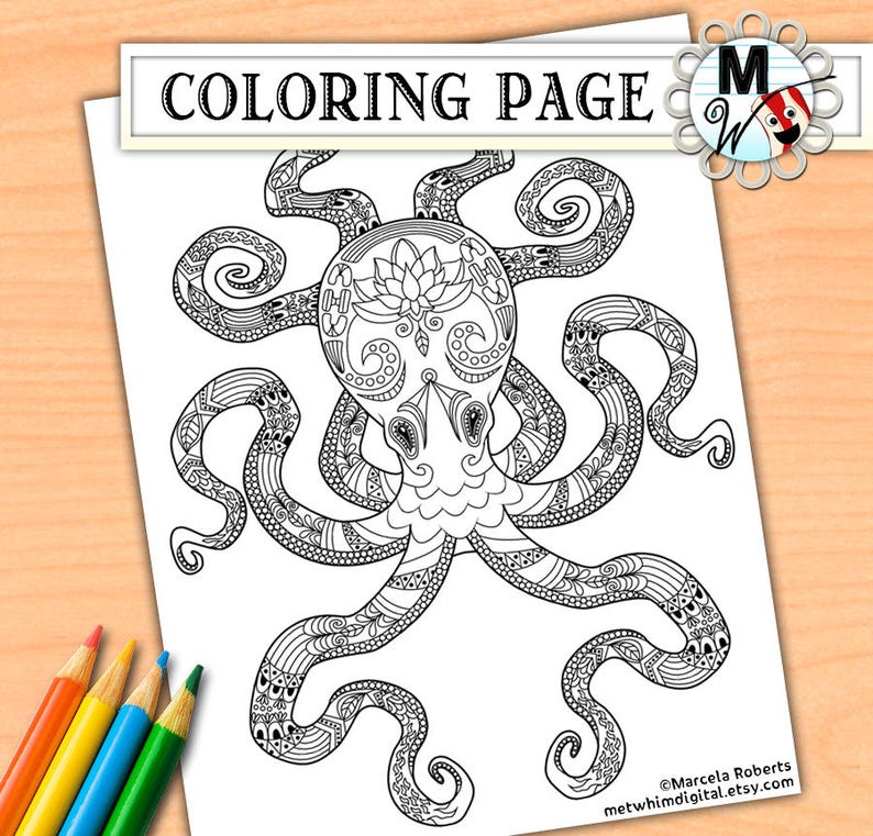Download Octopus Coloring Page Nautical Lotus Flower Sea Life | Etsy