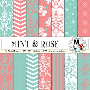 Mint Rose Digital Paper Pack for Instant Download as Mint Rose Scrapbook Paper, Background, Patterns Printable Paper for Cards & Invitations
