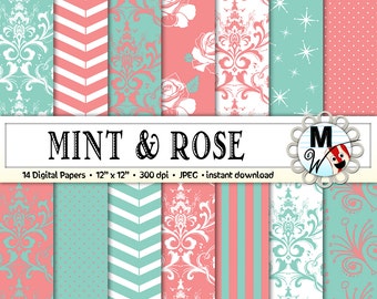 Paquete de papel digital menta y rosa, patrones de fondo para scrapbooking, tarjetas e invitaciones imprimibles (descarga digital)