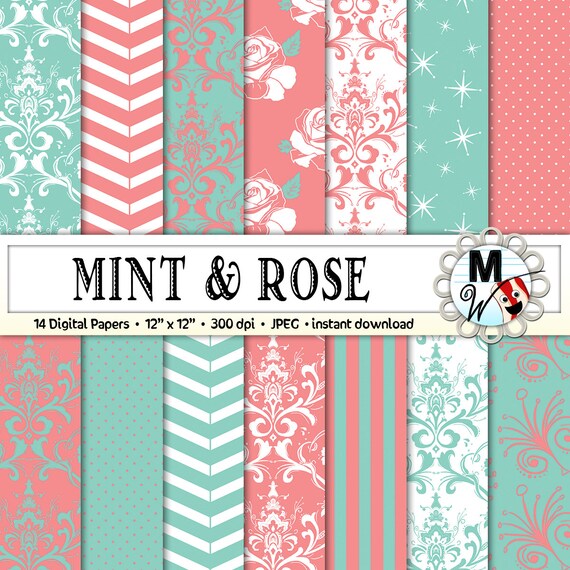 Mint & Rose Digital Paper Pack, Scrapbook Background Patterns for Printable Cards Invitations (Digital Download)