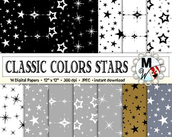 Stars Digital Paper Pack for Instant Download as Star Scrapbook Paper, Star Background, Printable Paper for Cards - Classic Colors