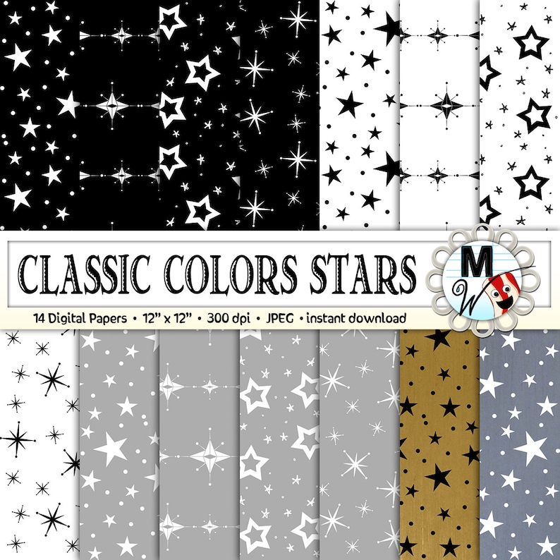 Puede incluir: Un conjunto de 14 papeles digitales con varios patrones de estrellas en negro, blanco, dorado y gris. Los papeles miden 30,5 cm por 30,5 cm y 300 dpi. "CLASSIC COLORS STARS" est&aacute; escrito en negro sobre fondo blanco.