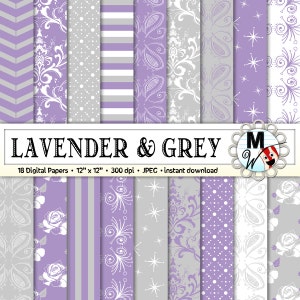 Pack de papier numérique gris lavande pour papier Scrapbook lavande, fond gris, Damas & Chevron ramettes de papier pour les cartes et faire-parts