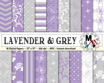 Lavender Grey Digital Paper Pack for Lavender Scrapbook Paper, Gray Background, Damask & Chevron Printable Paper for Cards and Invitations