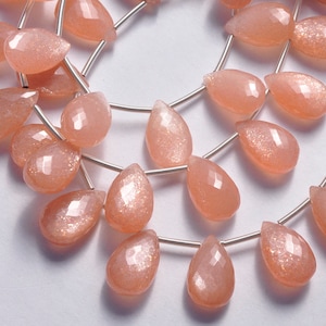 AAA Pale Peach Moonstone Micro Faceted Flat Pear 12-16mm long Gemstone Beads