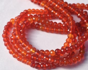 AAA Micro Faceted Fire Red Orange Natural Carnelian Gemstone 3-4mm Rondelle Beads