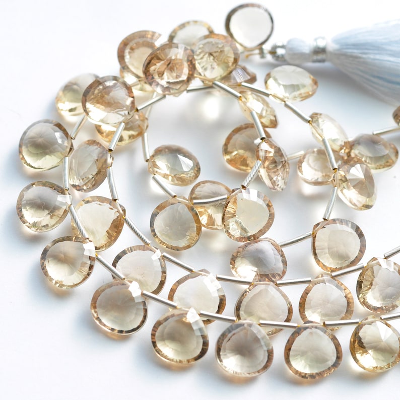 AAA Champagne Citrine Concave Diamond Cut Heart Briolette Gemstone 4 Beads