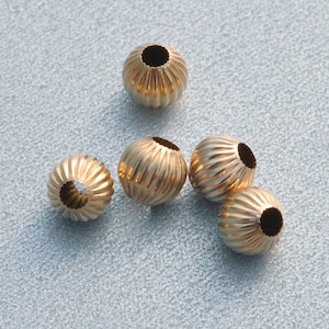 14K Solid Gold Round Corrugated 4mm Lightweight Metal Beads