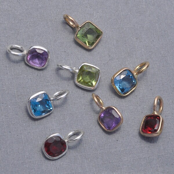 14K Gold or Sterling Silver Cushion Bezel Precious 4.5mm Gemstone Charms - sold individually