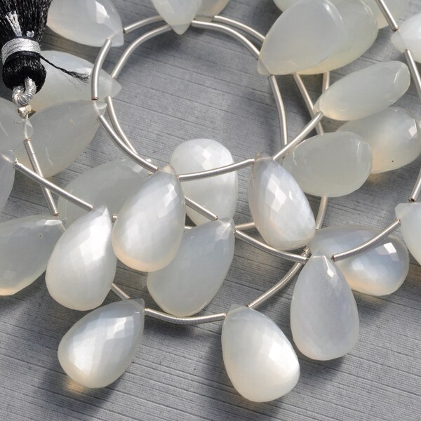 AAA White Moonstone Micro Faceted Flat Pear Briolette 12-16mm long Gemstone Beads