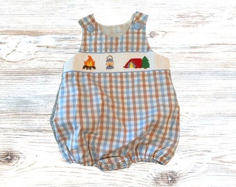 Bulle de camping smockée - Tenue de camping smockée à la main - Bulle bébé garçon - Tenue de camping pour tout-petit - Tenue de camping pour bébé - Bulle smockée