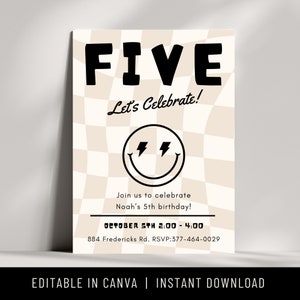 Checkered Birthday Invitation Trendy Boy Invite Canva Template Digital Download Smiley Face Birthday Evite Neutral Birthday Invitation