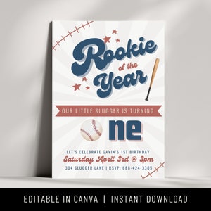 Puede incluir: Una invitaci&oacute;n de cumplea&ntilde;os con tem&aacute;tica de b&eacute;isbol con el texto "Rookie of the Year". El dise&ntilde;o incluye una pelota de b&eacute;isbol, un bate y estrellas. La invitaci&oacute;n dice "Our little slugger is turning one". Se incluyen detalles de la fiesta.