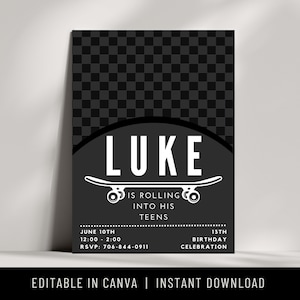 Editable Invitation, Canva, Teen Birthday, Skateboard Birthday, Birthday Celebration, Instant Download, DIY, Birthday Invitation, Party
