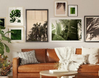 Conjunto de pared de galería de 9, Conjunto de arte de pared ecléctico boho minimalista, Plantas, Tropical, Palmeras, Monstera, Hoja, Trópicos