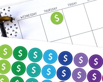 May include: A sheet of colorful dollar sign stickers in a rainbow gradient. The stickers are round and have a white dollar sign in the center. The stickers are arranged in rows and columns.