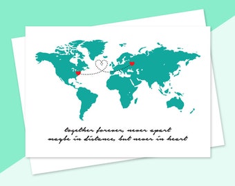 World Map, Greeting Card, Long Distance, Relationship Hearts, Personalized Card, Boyfriend Girlfriend, Best Friend, International Couple