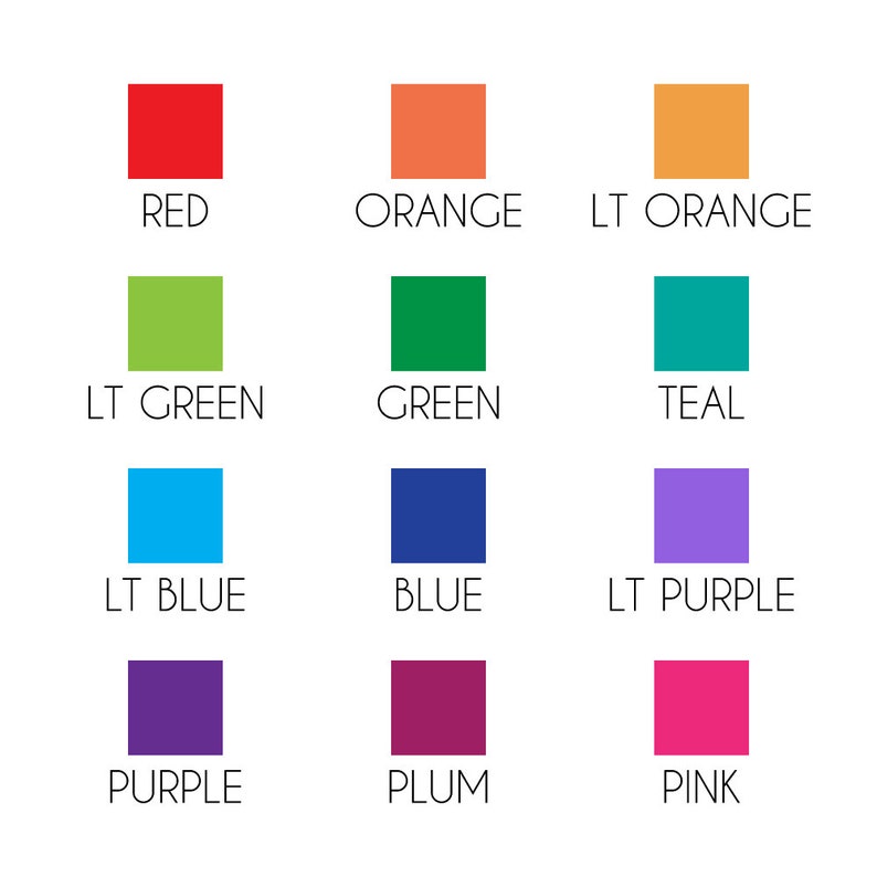 May include: A colour chart with 12 different colours, including red, orange, light orange, light green, green, teal, light blue, blue, light purple, purple, plum, and pink.