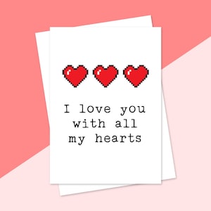 Je t’aime de tout mon cœur, voeux carte, jeux vidéo, la Saint-Valentin, coeurs Pixel, petit ami, la carte d’anniversaire, Gamer Retro Gaming