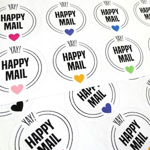 Happy Mail, Packaging Stickers, Shipping Labels, Seller Supplies, Circle Stickers, Package Decorations, Envelope Seals, Glossy Stickers