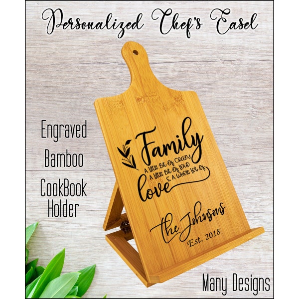 Cookbook Holder, Recipe Stand, Recipe Holder, Engraved Bamboo Chef's Easel, Personalized Gift, Many Existing Designs or Custom Made for you!