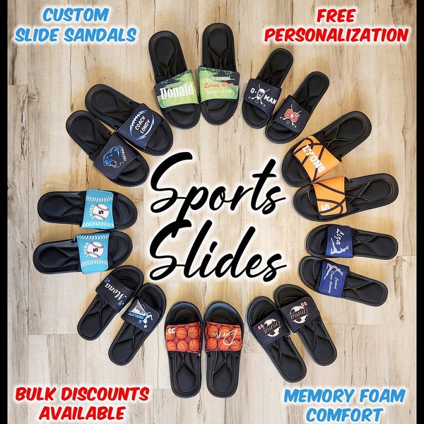 Sports Slides, Custom Slide Sandals, Personalized Slides, Baseball, Basketball, Cheer, Dance, Football, Golf, Hockey, Soccer, Memory Foam