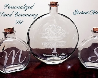 Sand Ceremony Set, Etched Glass, Unity Ceremony, Wedding Sand Ceremony, Unity Sand Ceremony, Sand Ceremony, Personalized, Engraved 3 pc set.