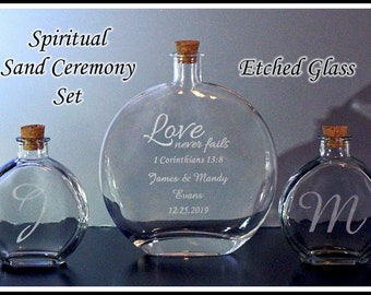 Unity Ceremony, Bible verse, Sand Ceremony Set, Scripture Set, Faith Set, Blending of the Sands, Custom Made, Etched Glass, 3 piece set