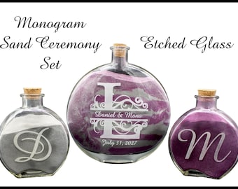 Unity Sand Ceremony Set, Etched Glass, Wedding Sand Ceremony, Blending of the Sands Ceremony, Sand Unity, Sand Ceremony, Personalized, 3 pc.