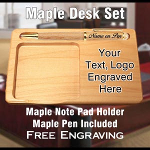 Engraved Maple Wood Desk Set: Personalized Pen & Pad Holder