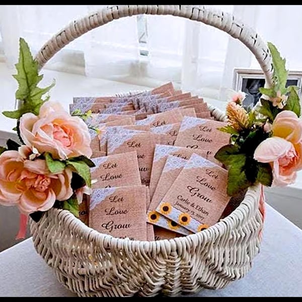 5 Personalized Sunflower Seed Wedding Favors - Burlap & Lace Style - Let Love Grow - Sets of 5, Complete with Seeds, (5 packs per set)