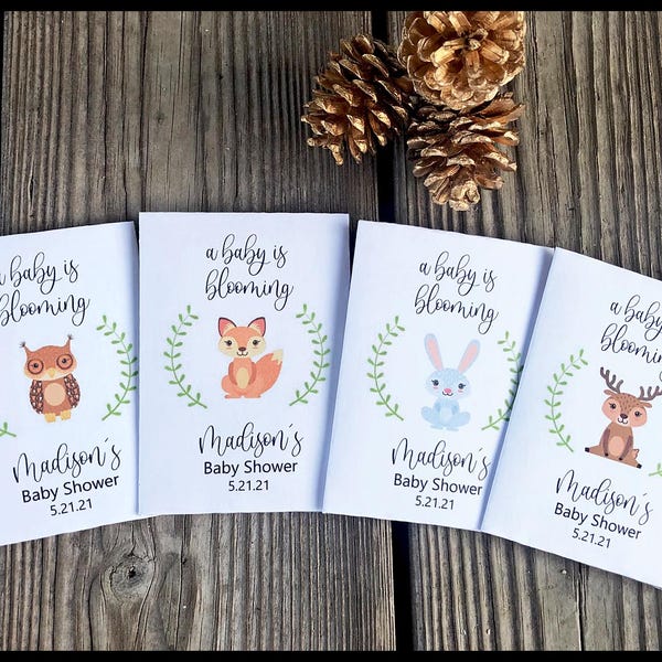 Paquet de 25 graines pour baby shower Animaux des bois, cadeaux personnalisés, paquets de graines personnalisés, tournesol et fleurs sauvages, paquet complet - graines incluses