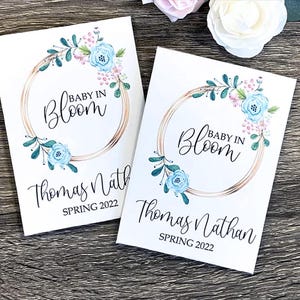 25 Baby Shower Seed Packets Custom, Personalized Blue Floral Seed Packs with Wildflower or Sunflower Seeds Included