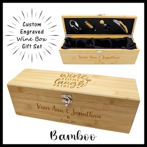 Wine Box Wedding Gift Set - Custom Engraved Bamboo Wine Box with Wine Tool Accessories - Personalized Wine Lover Gift Set