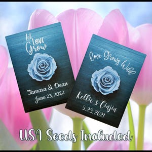 Wedding Seed Packet Favors, Custom Personalized Blue Floral Sunflower & Wildflower Seed Packs, Seeds Included, Set of 25