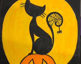 Handgeschilderd Halloween-canvas zwarte kat: spookachtige pompoen herfstdecor